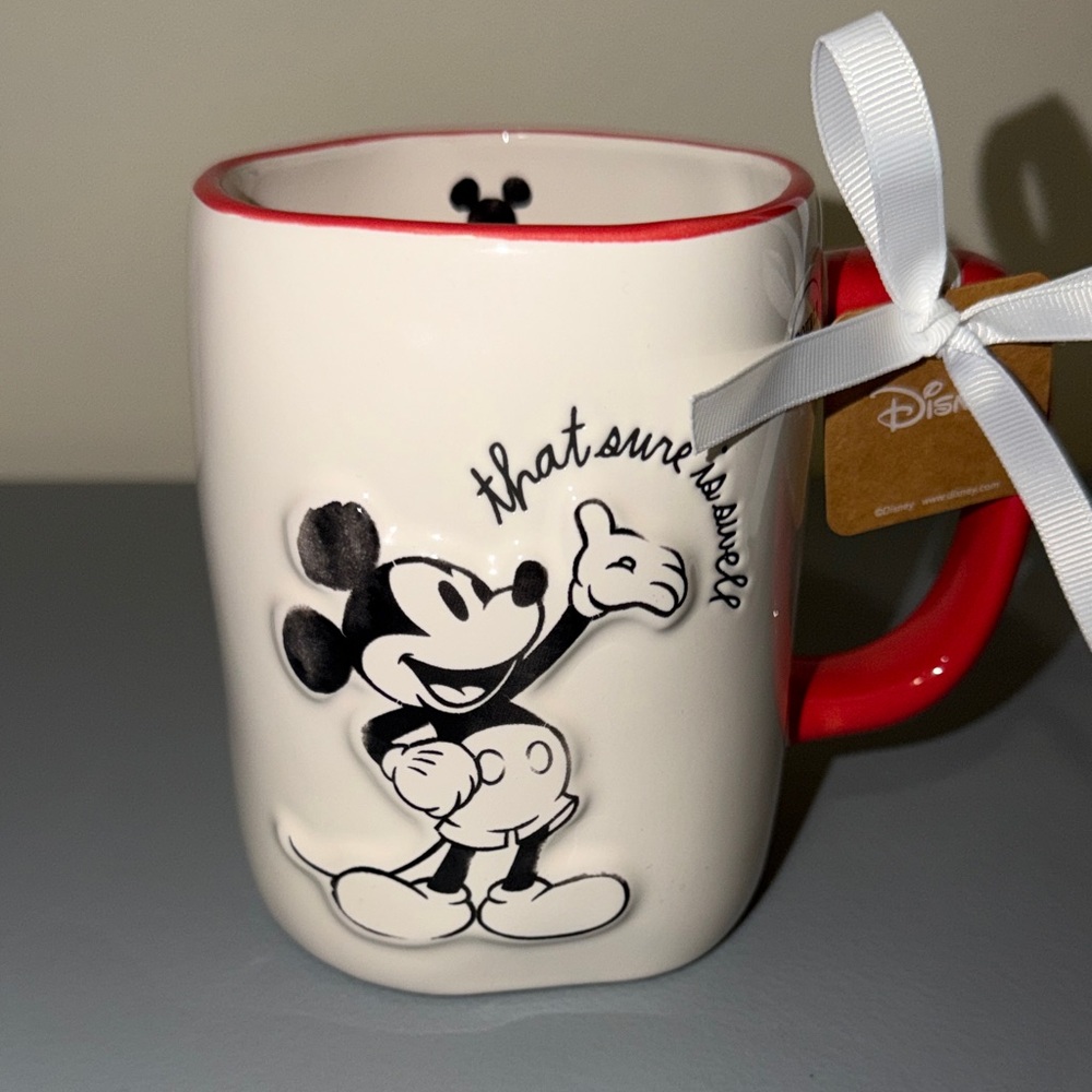 Rae Dunn White Ceramic Mug with Red Rim and Handle featuring Mickey Mouse